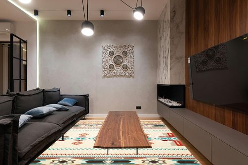 Ecuadane Large Southwestern Woven Blanket in Dark Wood Living Room with Black Couch