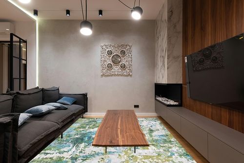 Area Rug Living Room Rugs - 9x12 Washable Large Modern Abstract Soft No Slip Indoor Rug Thin Floor Carpet for Bedroom Under Dining Table Home Office Decor - Green Turquoise in Dark Wood Living Room with Black Couch