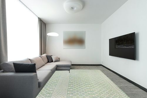 Nourison Positano Indoor/Outdoor Blue Green 8' x 10' Area Rug, Easy Cleaning, Non Shedding, Bed Room, Living Room, Dining Room, Backyard, Deck, Patio (8x10) in Modern Living Room with Grey Couch