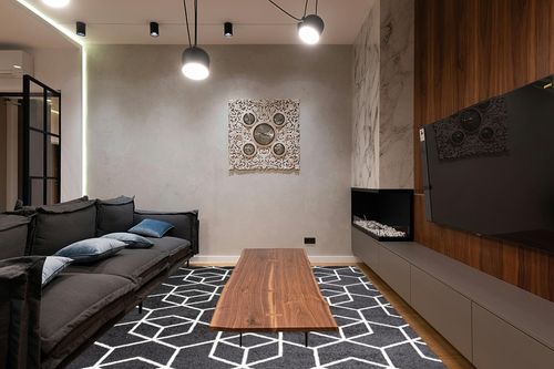 JONATHAN Y SEU101A-8 Tumbling Blocks Modern Geometric Indoor Area-Rug Contemporary Casual Easy-Cleaning Bedroom Kitchen Living Room Non Shedding, 8 X 10, Black/White in Dark Wood Living Room with Black Couch