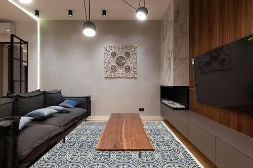 SAFAVIEH Cambridge Collection Area Rug - 8' x 10', Navy Blue & Ivory, Handmade Moroccan Wool, Ideal for High Traffic Areas in Living Room, Bedroom (CAM123G) in Dark Wood Living Room with Black Couch