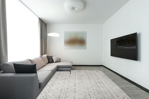 Boho Area Rug 8x10 Feet Modern Area Rug in Modern Living Room with Grey Couch