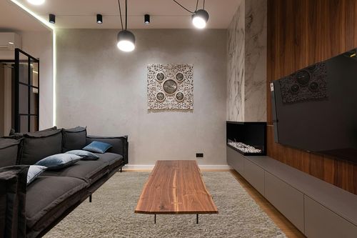 Superior Indoor Large Shag Area Rug, Modern Fuzzy Soft Cozy Shaggy Rug for Living/Dining Room, Bedroom, Office, Entryway, Kitchen, Dorm, Playroom, Kids, Nursery, Textured Rugs, 8' x 10', Beige in Dark Wood Living Room with Black Couch