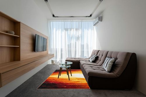 Unique Loom Metro Collection Contemporary Abstract Bright Warm Candle Light Area Rug, 5 ft x 8 ft, Orange/Yellow in Grey Living Room with Brown Couch