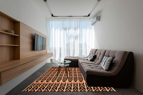 SAFAVIEH Kenya Collection Area Rug - 8' x 10', Orange & Black, Hand-Knotted Moroccan Boho Tribal Wool, Ideal for High Traffic Areas in Living Room, Bedroom (KNY609A) in Grey Living Room with Brown Couch