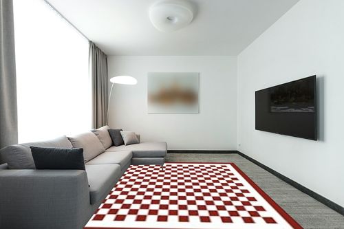 Washable 8x10 Checkered Area Rug for Living Room, Dark Red Checkerboard Modern Boho Large Rugs, Ultra Thin Low Pile Lightweight Indoor Carpet with Non-Slip Backing for Bedroom Kids Nursery Play Room in Modern Living Room with Grey Couch