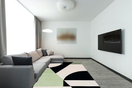 Safavieh Rodeo Drive Collection Area Rug - 6' x 9', Black & Green, Handmade Mid-Century Modern Abstract Wool, Ideal for High Traffic Areas in Living Room, Bedroom (RD863Z) in Modern Living Room with Grey Couch