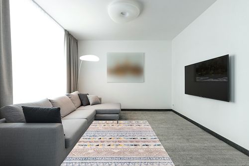 GMFINE Area Rug 5x7, Ultra-Thin Non Slip Washable Rugs, Geometric Boho Area Rugs Large Carpet for Living Room Bedroom Dinning Room (Blue/Brown, 5' x 7') in Modern Living Room with Grey Couch