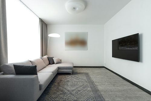 JONATHAN Y MDP501C-5 Boho Cottage Medallion 5 ft. x 8 ft. Area Rug, Bohemian, Vintage, Southwestern, Casual, Transitional, Office, Living Room, Family Room, Dining Room, Bedroom, Blue/White in Modern Living Room with Grey Couch