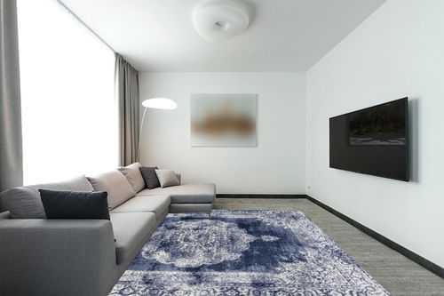 Eyely PDM403D-8 Modern Rosalia Cottage Medallion Indoor Area Rug Bohemian;Traditional;Vintage, Bedroom, Kitchen, Living Room, Easy-Cleaning, Non-Shedding, 8 X 10, Navy/Ivory in Modern Living Room with Grey Couch