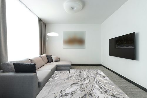 JONATHAN Y SOR203C-8 Swirl Marbled Abstract Indoor Area-Rug Contemporary Casual Transitional Easy-Cleaning Bedroom Kitchen Living Room Non Shedding, 8 X 10, Gray/Black in Modern Living Room with Grey Couch