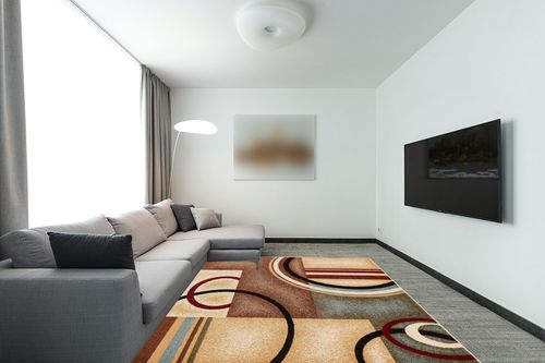 Well Woven Deco Rings Ivory Geometric Modern Casual Area Rug (7'10" x 9'10") Easy to Clean Stain Fade Resistant Shed Free Abstract Contemporary Color Block Boxes Lines Soft Living Dining Room Rug in Modern Living Room with Grey Couch