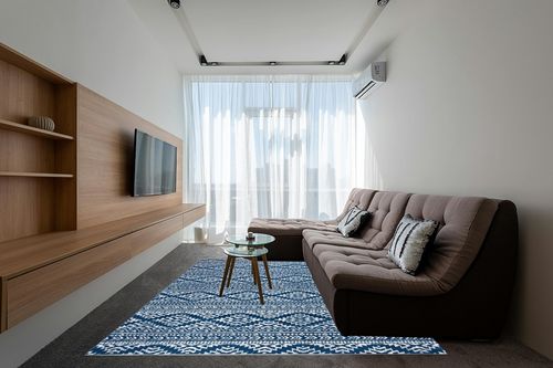 SAFAVIEH Tulum Collection Area Rug - 8' x 10', Navy & Ivory, Moroccan Boho Tribal Design, Non-Shedding & Easy Care, Ideal for High Traffic Areas in Living Room, Bedroom (TUL272N) in Grey Living Room with Brown Couch