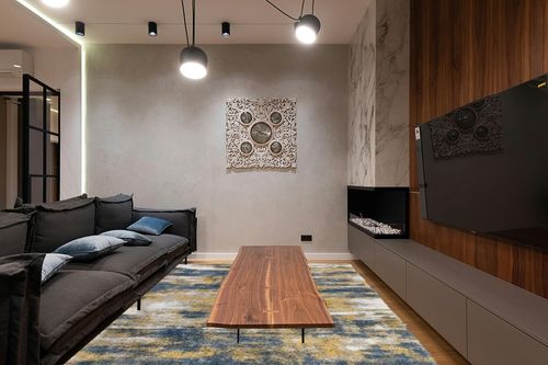 Shag Madison Blue/Gold Rug 17 Stories Rug Size: Rectangle 7'10" x 10' in Dark Wood Living Room with Black Couch