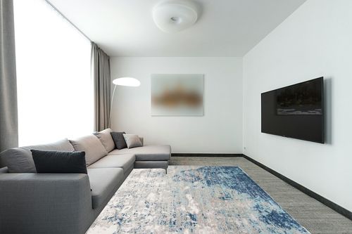 SAFAVIEH Brentwood Collection Area Rug - 8' x 10', Light Grey & Blue, Modern Abstract Design, Non-Shedding & Easy Care, Ideal for High Traffic Areas in Living Room, Bedroom (BNT822F) in Modern Living Room with Grey Couch