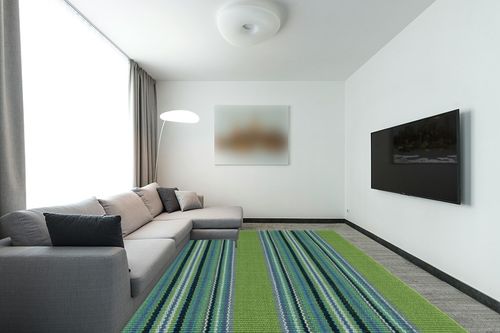 Dash and Albert Green Handwoven Indoor/Outdoor Rug, 9 X 12 Feet, Green/Blue Stripe Pattern in Modern Living Room with Grey Couch