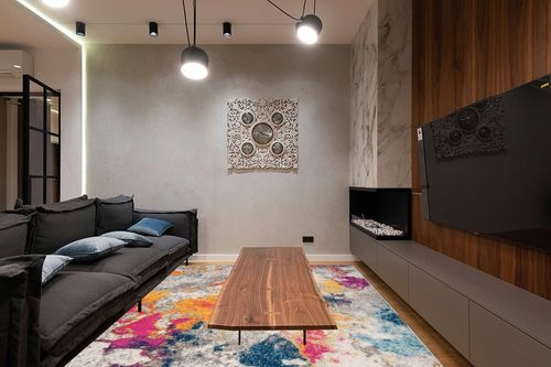 Rugshop Sky Collection Modern Abstract Area Rug 7'10" x 10' Multi in Dark Wood Living Room with Black Couch