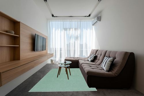 SAFAVIEH Fifth Avenue Collection Area Rug - 6' x 9', Green, Handmade Modern Solid Wool, Ideal for High Traffic Areas in Living Room, Bedroom (FTV128Y) in Grey Living Room with Brown Couch