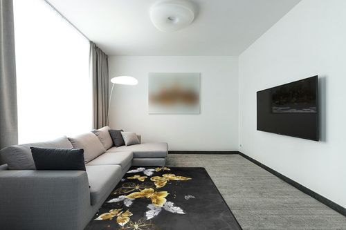 Gold White Butterflies Black Area Rugs Bedroom Living Room Rug Fluffy Soft Machine Washable Large Area Easy to Clean for Living Room Bedroom Room Boy Girl Room Nursery,5ft x 7ft in Modern Living Room with Grey Couch