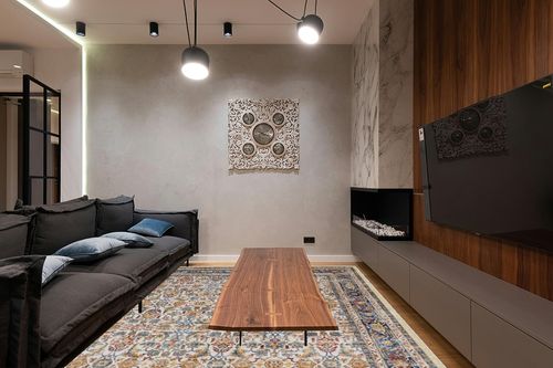 Area Rugs for Living Room Bedroom: 9x12 Rug Machine Washable with Non-Slip Backing Non-Shedding Stain Resistant, Boho Floral Large Carpet for Dining Room Nursery Home Office Indoor Decor (Blue/Brown) in Dark Wood Living Room with Black Couch