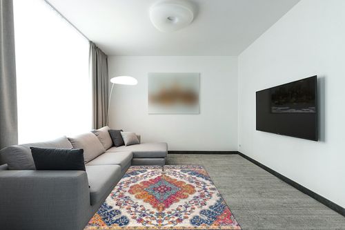 ‎Blue/Multi ‎Bohemian FLAIR Boho Vintage Traditional Non Slip Rug in Modern Living Room with Grey Couch