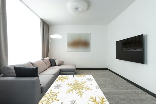 Christmas Area Rug 5 x 8, Washable Bedroom Rug Non-Slip Kitchen Rugs Non Shedding Floor Cover Mat Runner Rug for Living Room Dining Room Outdoor Carpet Romantic White Golden Snowflake in Modern Living Room with Grey Couch