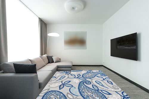 JONATHAN Y AMC102C-8 Julien Paisley High-Low Indoor Outdoor Area-Rug Bohemian Floral Easy-Cleaning High Traffic Bedroom Kitchen Backyard Patio Porch Non Shedding, 8 X 10, Blue/Light Gray in Modern Living Room with Grey Couch