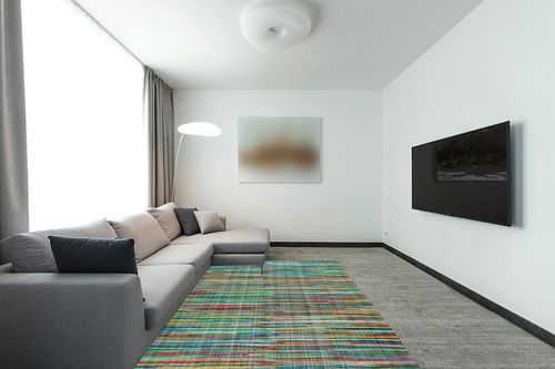 SAFAVIEH Rag Rug Collection Area Rug - 6' x 9', Green & Multi, Handmade Boho Stripe Cotton, Ideal for High Traffic Areas in Living Room, Bedroom (RAR240E) in Modern Living Room with Grey Couch
