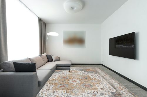 Area Rugs for Living Room: 9x12 Rug for Bedroom Machine Washable with Non Slip Backing Non Shedding, Boho Medallion Floral Large Carpet for Dining Room Nursery Home Office Grey/Gold in Modern Living Room with Grey Couch