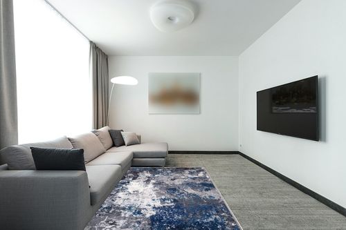 COLORPAPA Modern Abstract Area Rug 5x7 Washable Rug for Living Room Bedroom Dining Room Office Non-Slip Soft Floor Carpet, Gray/Blue/Ivory in Modern Living Room with Grey Couch