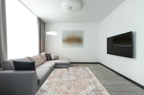 befbee 6x9 Area Rugs for Living Room - Stain Resistant Machine Washable Rugs for Bedroom,Non-Slip Backing Large Area Rug (Pink/Gray, 6'x9') in Modern Living Room with Grey Couch