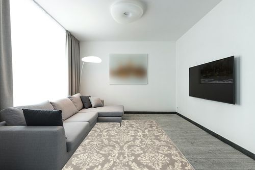 Nourison Jubilant Damask Grey 6' x 9' Area_Rug, Easy-Cleaning, Non Shedding, Bed Room, Living Room, Dining Room, Kitchen (6x9) in Modern Living Room with Grey Couch