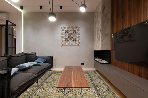 SUPERIOR Radcliffe Collection Area Rug, 8mm Pile Height with Jute Backing, Traditional European Tapestry Design, Fashionable and Affordable Woven Rugs - 8' x 10' in Dark Wood Living Room with Black Couch