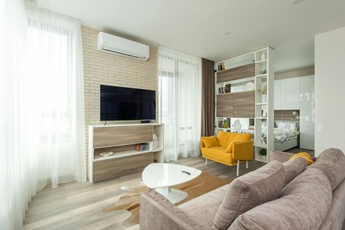 Genuine Palomino Beige and White Cowhide Rug 6 x 7-8 ft. 180 x 240 cm in Light Modern Living Room with TV
