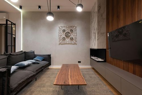 SAFAVIEH Abstract Collection Area Rug - 8' x 10', Ivory & Charcoal, Handmade Wool, Ideal for High Traffic Areas in Living Room, Bedroom (ABT340H) in Dark Wood Living Room with Black Couch