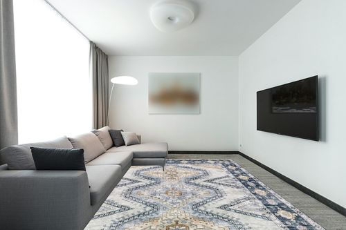 Area Rug Living Room Rugs - 9x12 Large Machine Washable Boho Thin Carpets Vintage Tribal Anti Slip Backing Carpet for Under Dining Table Bedroom Farmhouse Home Office Blue in Modern Living Room with Grey Couch