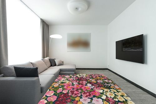 Restoration and Renovation Handmade Colorful Flower Silk & Wool Area Rug | Spring Garden Overflows The Frame | Unique Irregular Shape Hand-Tufted Floral Rug Perfect for Home Decor (5x8 Feet) in Modern Living Room with Grey Couch