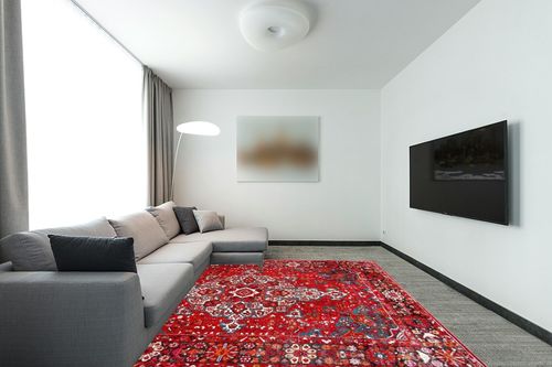 SAFAVIEH Vintage Hamadan Collection Area Rug - 8' x 10', Red & Multi, Oriental Traditional Persian Design, Non-Shedding & Easy Care, Ideal for High Traffic Areas in Living Room, Bedroom (VTH222A) in Modern Living Room with Grey Couch