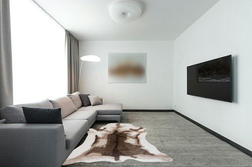 KOOBAYR Faux Cowhide Rug 5x6 feet - Cow Print Rug - Synthetic Cowhide and Western Decor Rug - Cow Rugs for Living Room Bedroom & Office Machine Washable Rug in Modern Living Room with Grey Couch