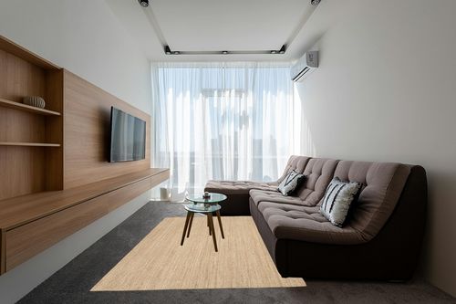 NuLOOM Elijah Farmhouse Seagrass Area Rug, 6' x 9', Beige in Grey Living Room with Brown Couch