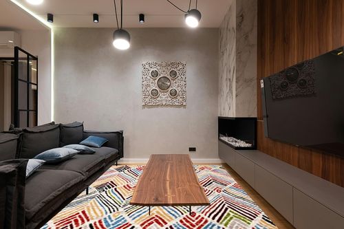 SAFAVIEH Amsterdam Collection Area Rug - 8' x 10', Ivory & Red, Modern Design, Non-Shedding & Easy Care, Ideal for High Traffic Areas in Living Room, Bedroom (AMS110B) in Dark Wood Living Room with Black Couch