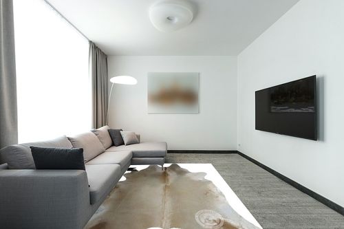 Genuine Champagne Cowhide Rug XL 6 x 7-8 ft. 180 x 240 cm in Modern Living Room with Grey Couch