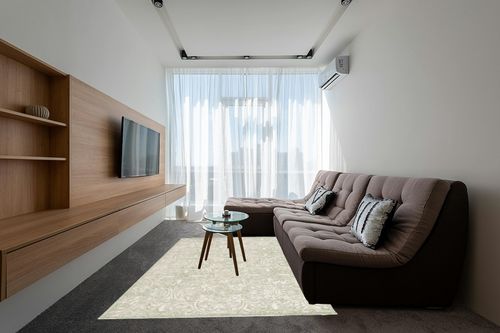 MARTHA STEWART Safavieh Collection by SAFAVIEH 6' x 9' Ivory/Green MSR3511Y Handmade Contemporary Wool Area Rug in Grey Living Room with Brown Couch