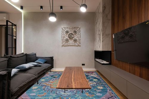 SAFAVIEH Crystal Collection Area Rug - 8' x 10', Teal & Rose, Medallion Distressed Design, Non-Shedding & Easy Care, Ideal for High Traffic Areas in Living Room, Bedroom (CRS501T) in Dark Wood Living Room with Black Couch