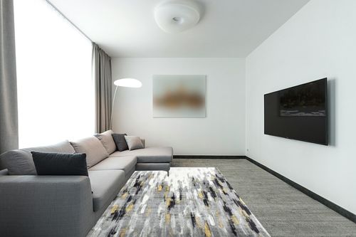 Abani Porto PRT140C Contemporary Grey and Yellow Abstract Area Rug 6' x 9' in Modern Living Room with Grey Couch