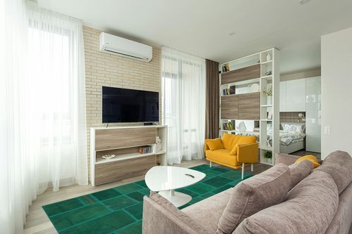BESPOKY 6'5" x 9'8" (195x295 Cm) Teselya Green Patchwork Wool Handmade Area Rug in Light Modern Living Room with TV
