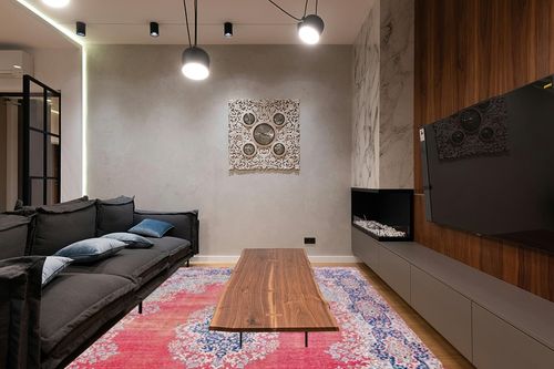 Large Washable Rug Indoor, in Dark Wood Living Room with Black Couch