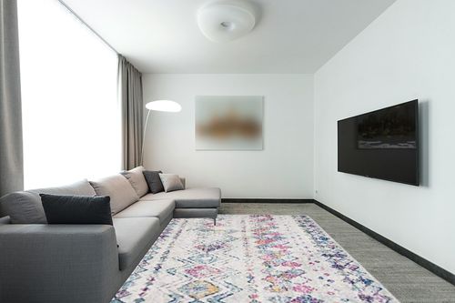 SAFAVIEH Madison Collection Area Rug - 8' x 10', Grey & Purple, Moroccan Boho Distressed Design, Non-Shedding & Easy Care, Ideal for High Traffic Areas in Living Room, Bedroom (MAD798J) in Modern Living Room with Grey Couch