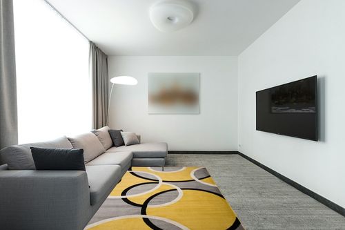 Yellow Contemporary Stain Resistant, non slip Area Rug in Modern Living Room with Grey Couch
