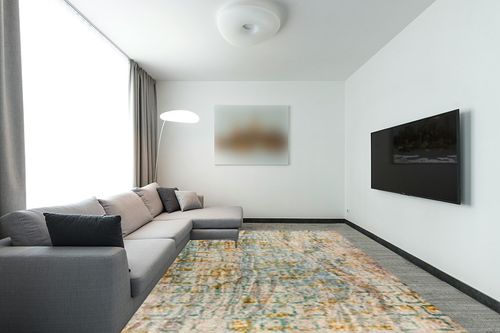 Mat The Basics Torrance Area Rug (9' x 12', Aqua/Orange) in Modern Living Room with Grey Couch